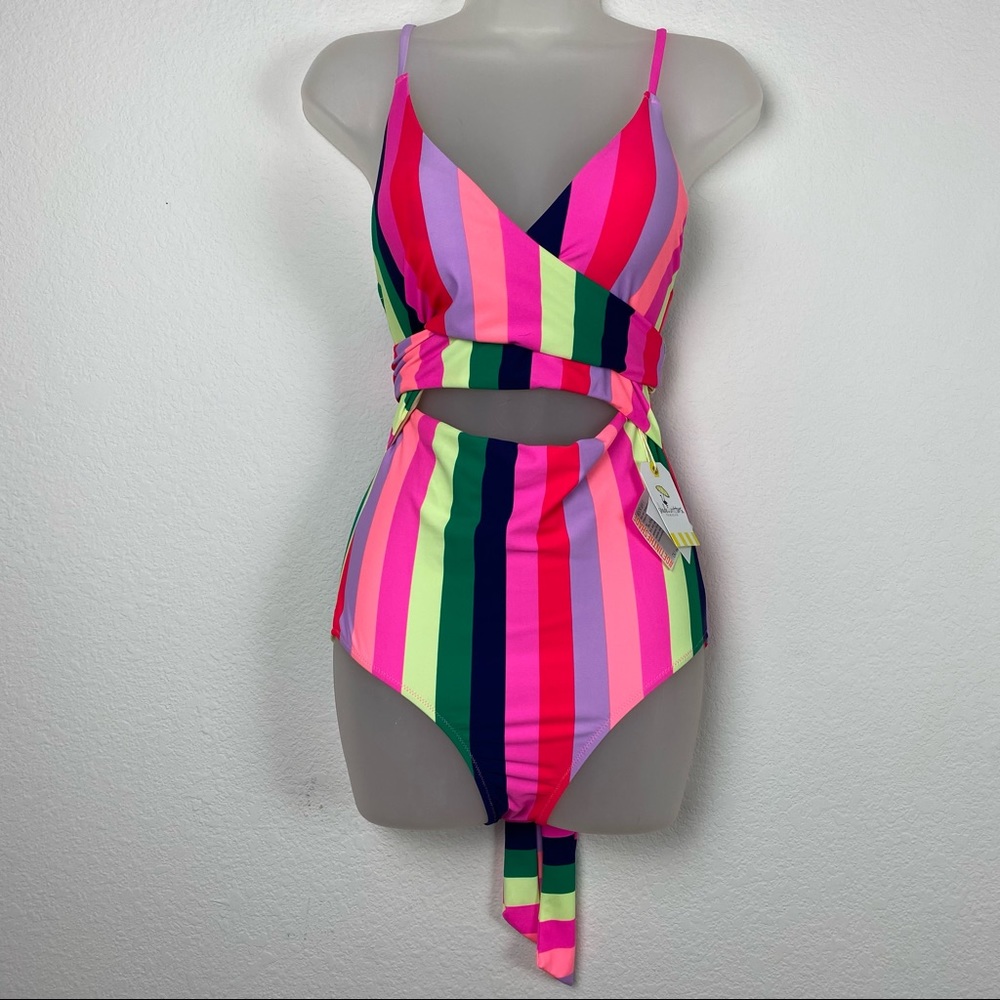 Shade critters striped multi color rainbow one piece swimsuit front tie size 6